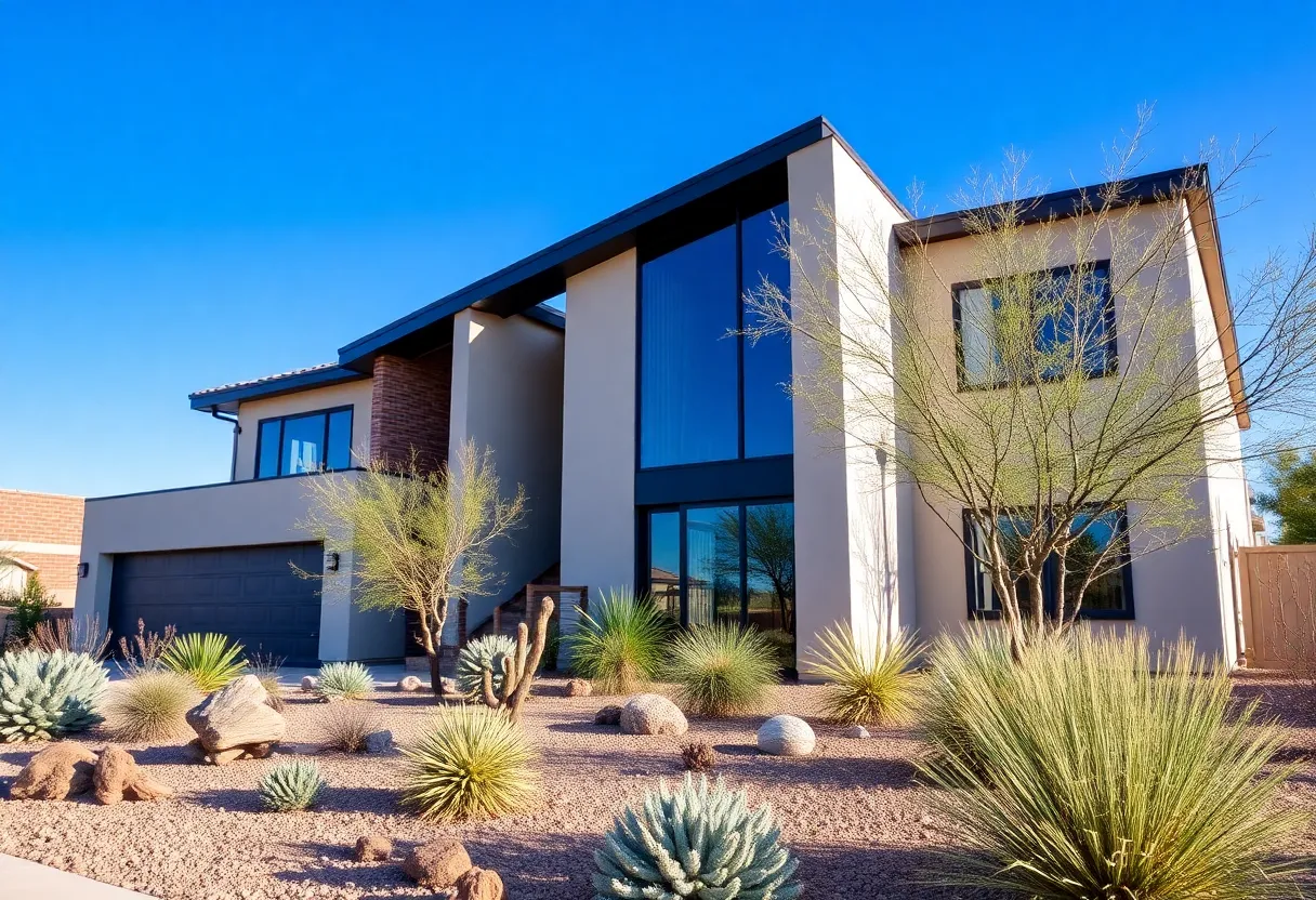 A modern energy-efficient home in Phoenix surrounded by desert landscaping.