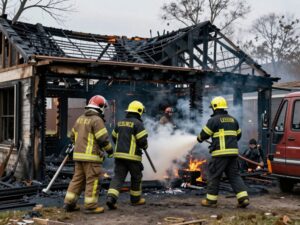 Burnt remains of a house after a fire with firefighters present