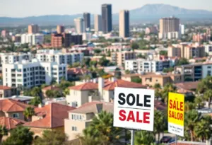 Cityscape of Phoenix, Arizona with rental and sale signs