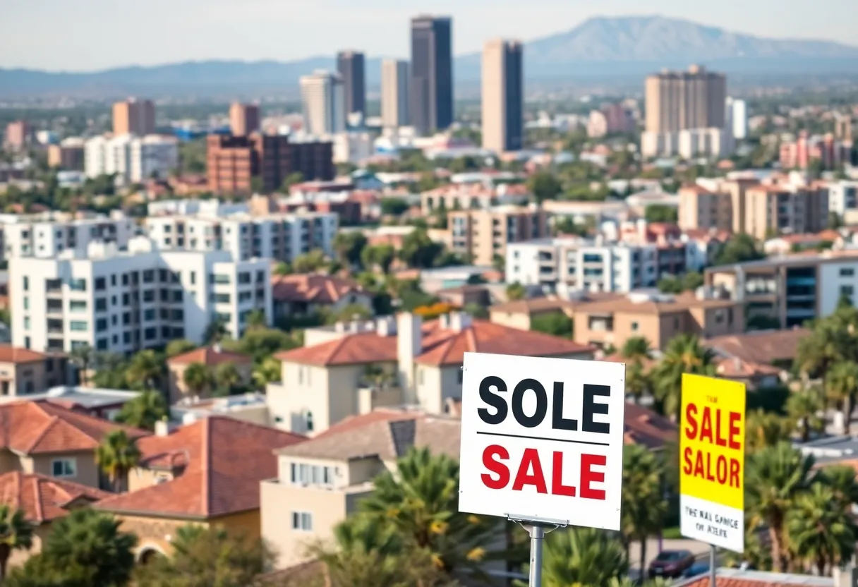 Cityscape of Phoenix, Arizona with rental and sale signs