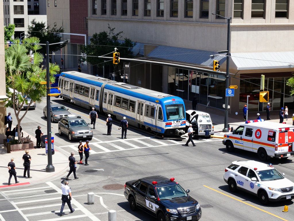 Emergency responders at the scene of a light rail crash in central Phoenix