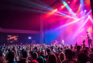 Concert scene in Phoenix with musicians and crowd enjoying the performance