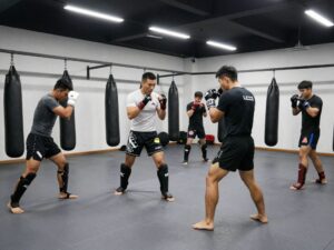 Diverse athletes training in a Phoenix MMA gym.