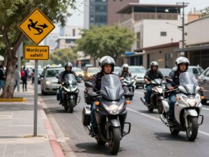 Motorcycle cruising on a Phoenix street with safety signage