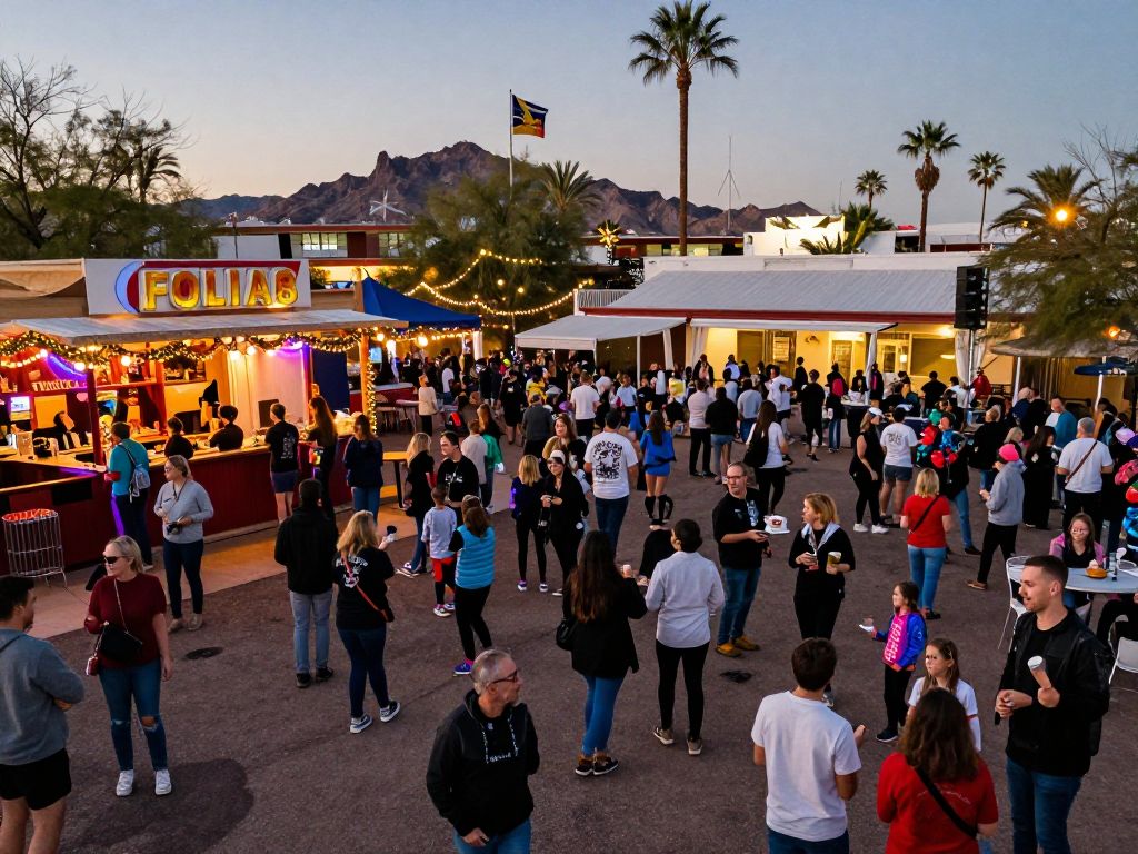 Crowd celebrating New Year's Eve in Phoenix with festive decorations