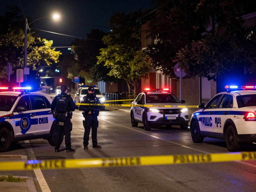 Nighttime police investigation scene with crime tape