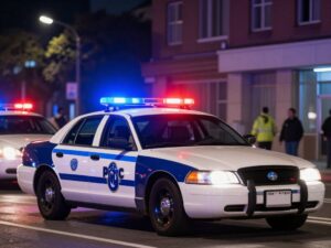 Police car lights flashing during a nighttime chase