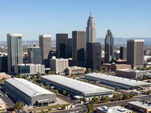 Aerial view of the Phoenix skyline featuring modern technology offices