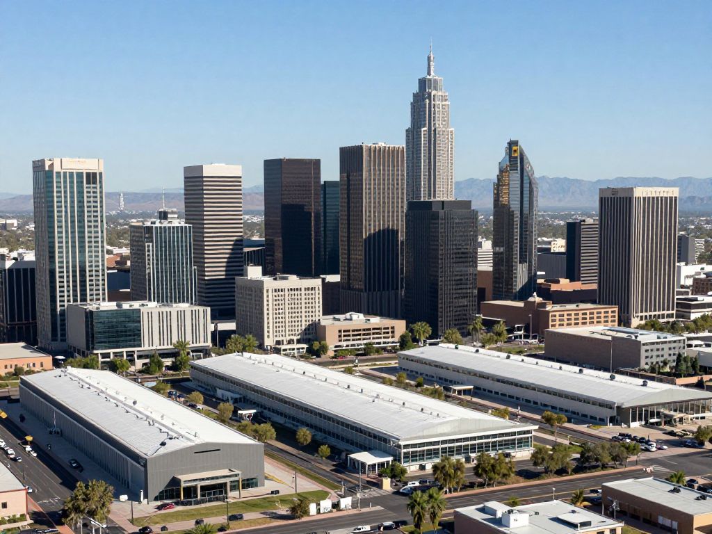 Aerial view of the Phoenix skyline featuring modern technology offices
