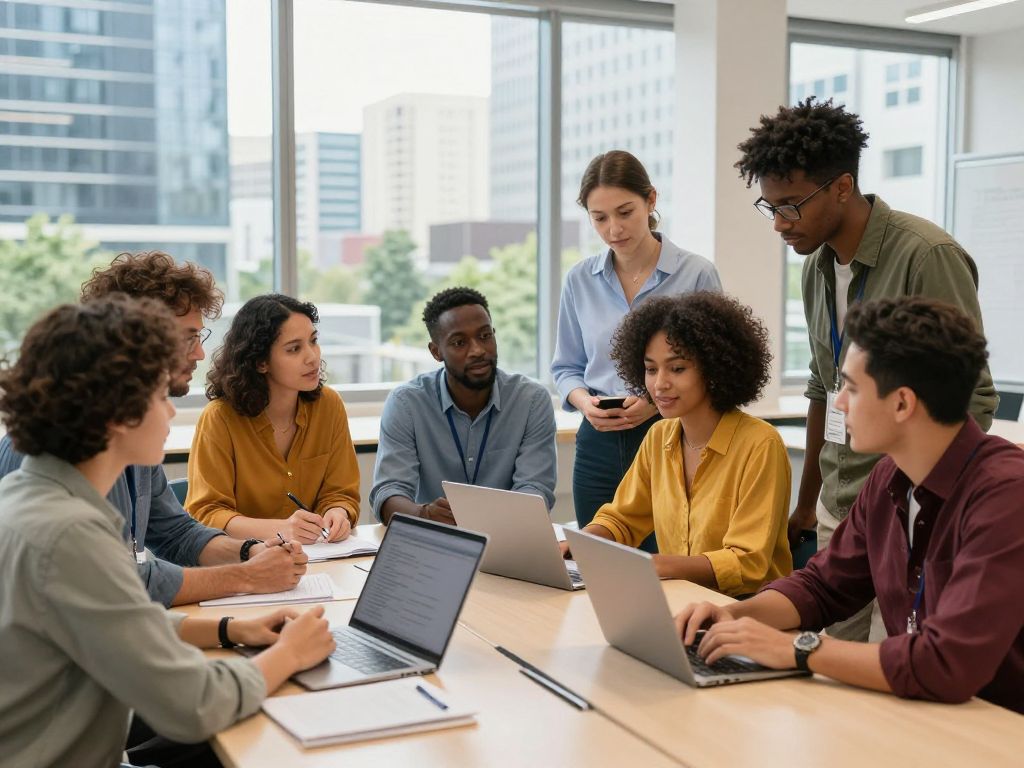 Diverse individuals engaged in workforce development activities.