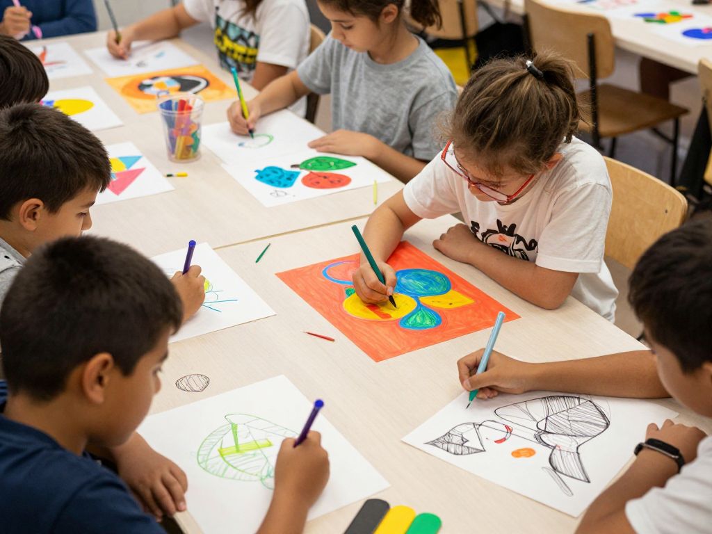 Children participating in an art class in Phoenix, creating drawings and engaging in creativity.