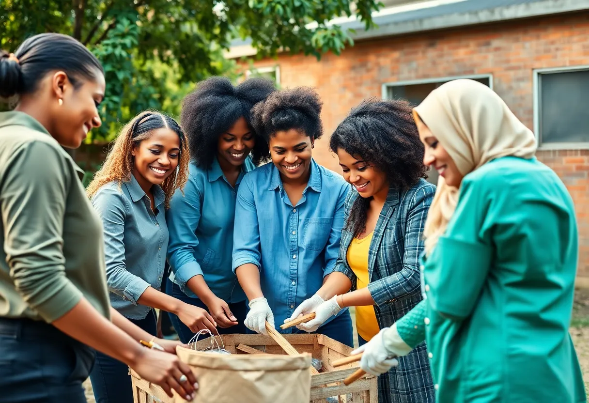 Diverse group of professionals volunteering in the community