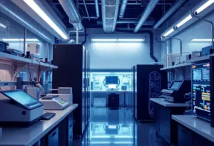 A laboratory scene focused on quantum computing technology with advanced scientific equipment.