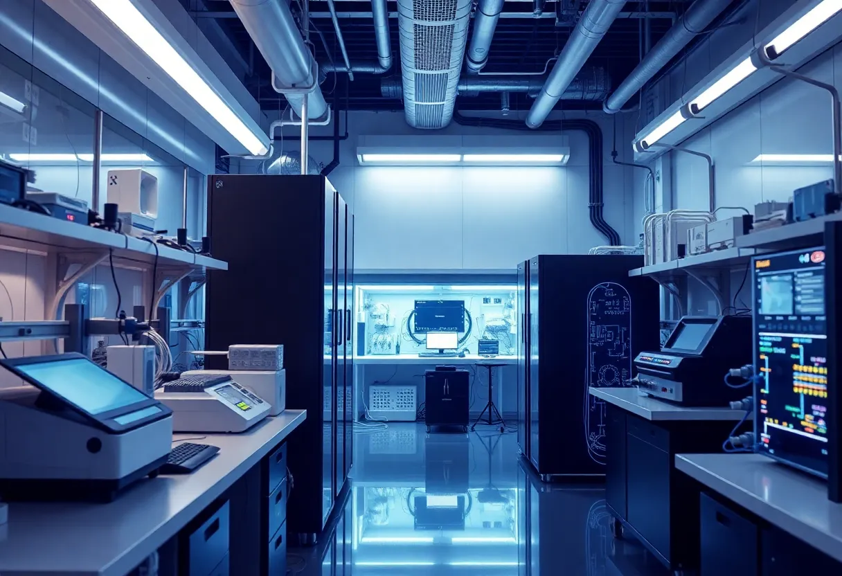 A laboratory scene focused on quantum computing technology with advanced scientific equipment.