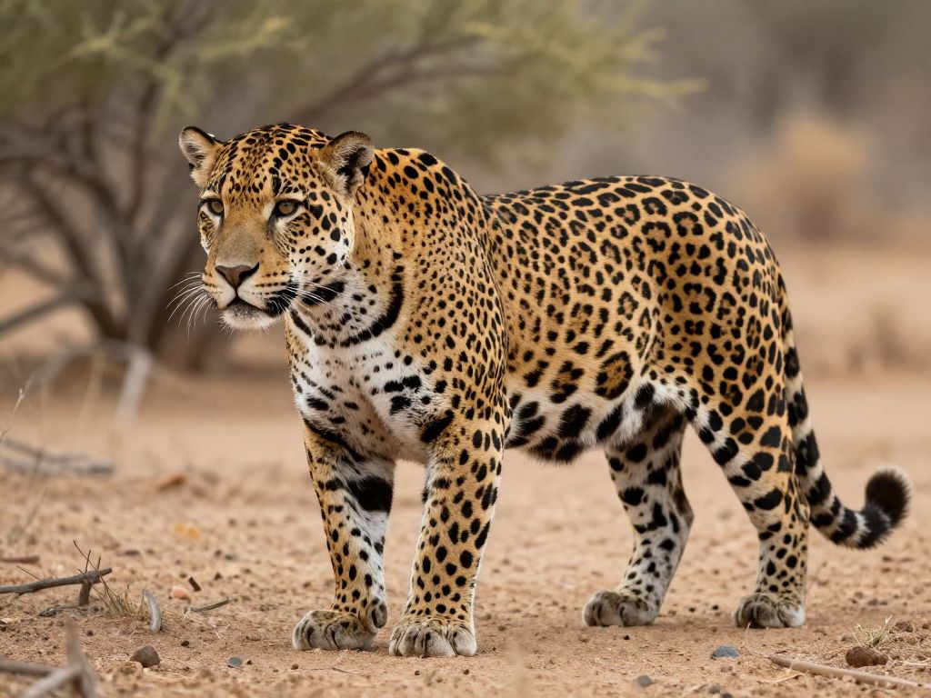 A rare jaguar standing in a desert environment with a unique spotted coat.