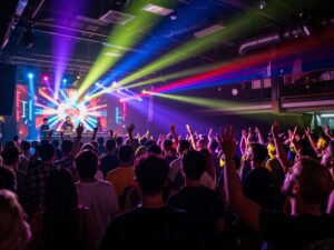 High-energy electronic music performance with colorful visuals