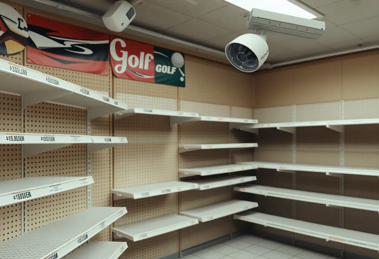 Interior of a golf store showing empty shelves and a security camera