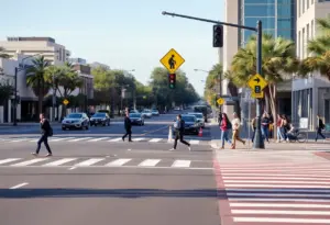 Urban street scene in Phoenix showing pedestrians in a crosswalk