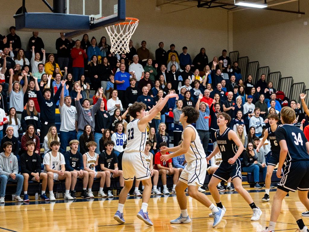 Players celebrating Saginaw United's victory in district semifinal basketball game.