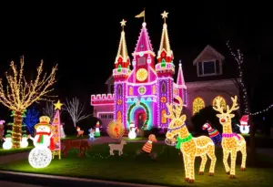 Brightly lit Santa's Castle with colorful holiday lights