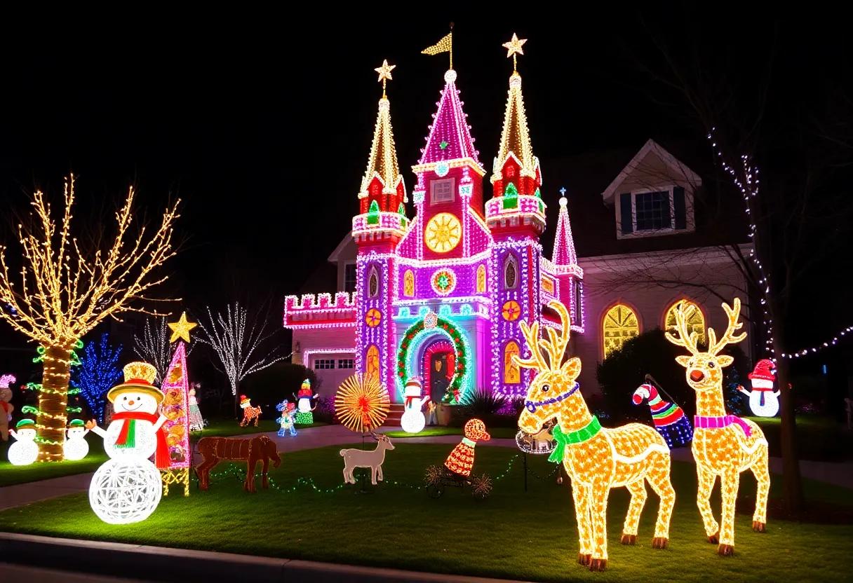 Brightly lit Santa's Castle with colorful holiday lights