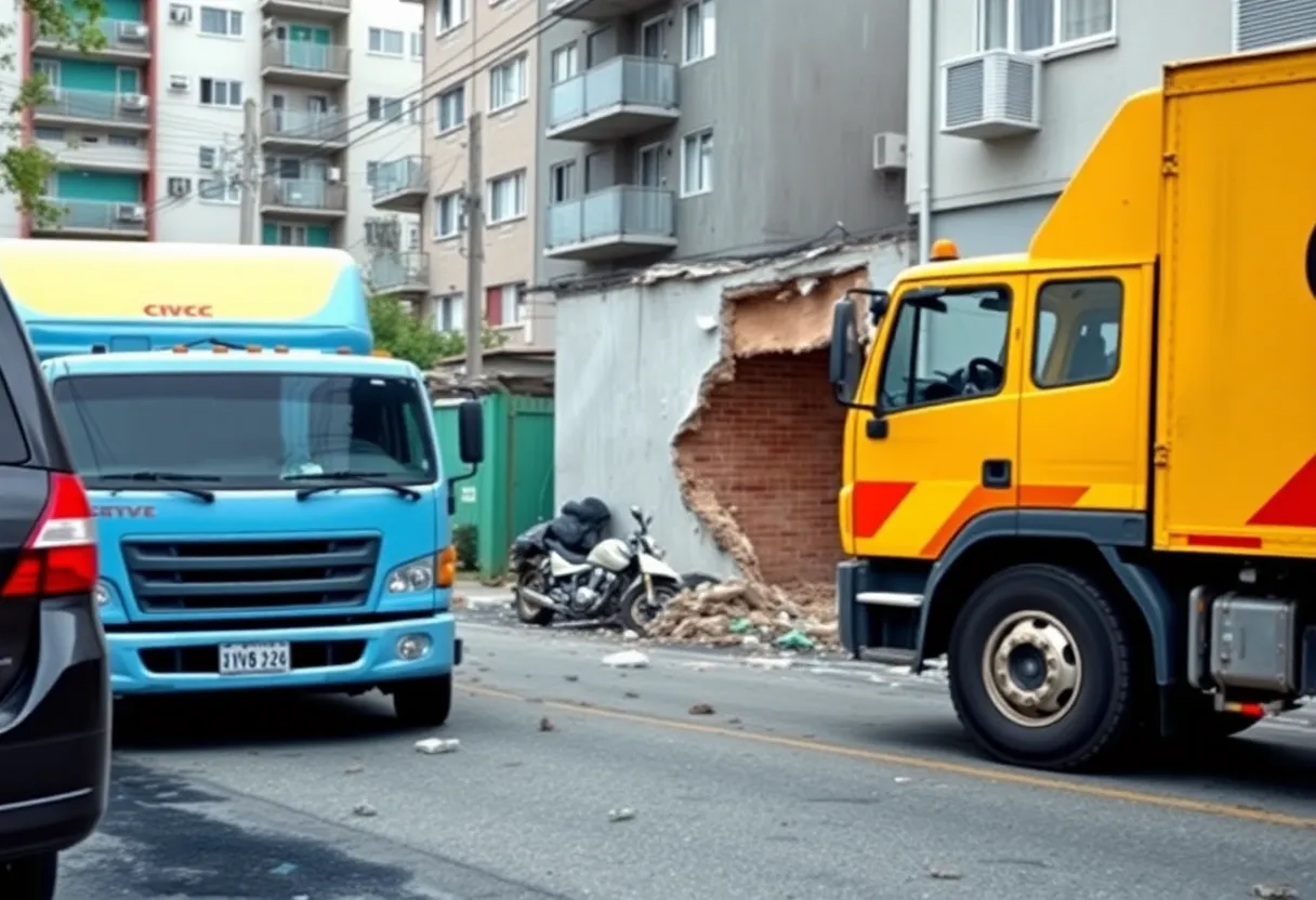 Scene of a multi-vehicle crash with a construction vehicle and damaged wall in Scottsdale.