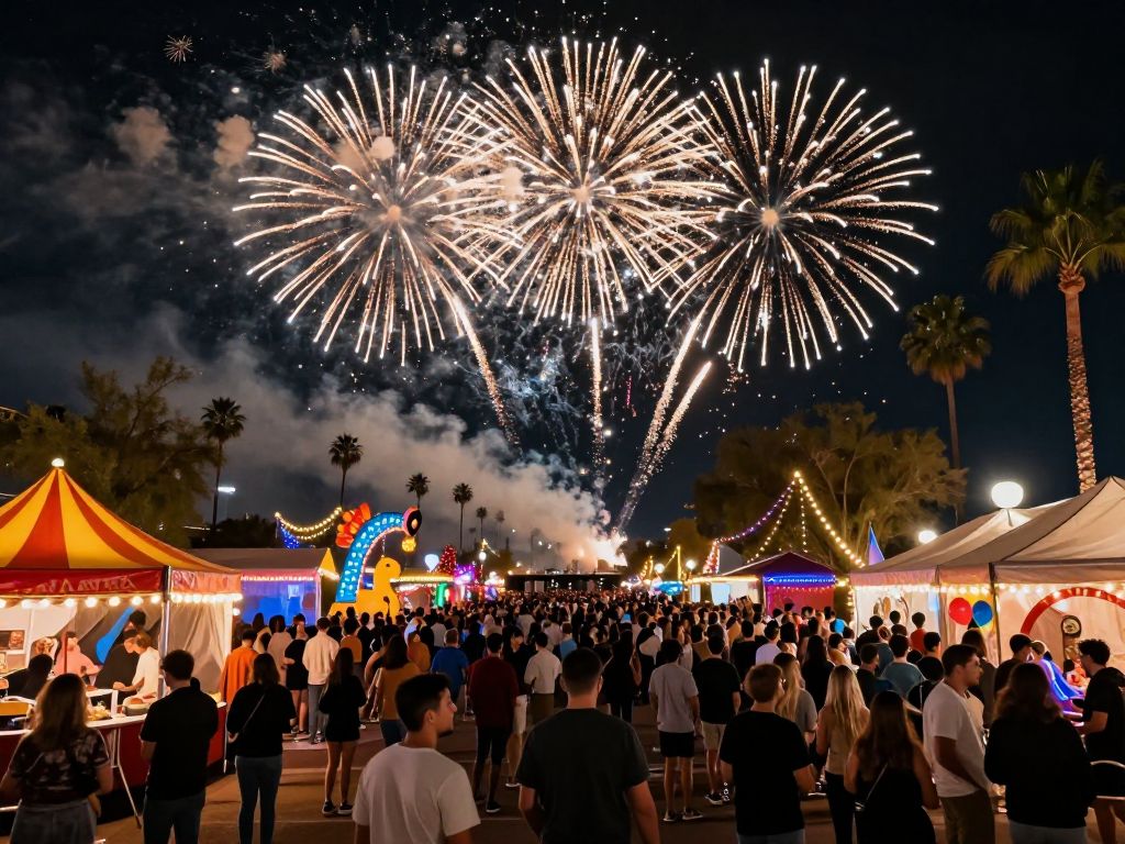 People celebrating New Year's Eve in Scottsdale with fireworks in the background.