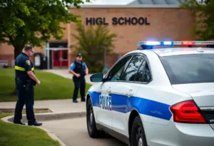 Police car outside Coronado High School ensuring safety after a threat.