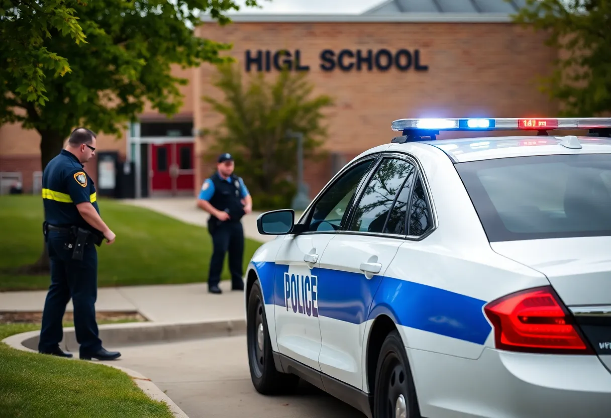 Police car outside Coronado High School ensuring safety after a threat.