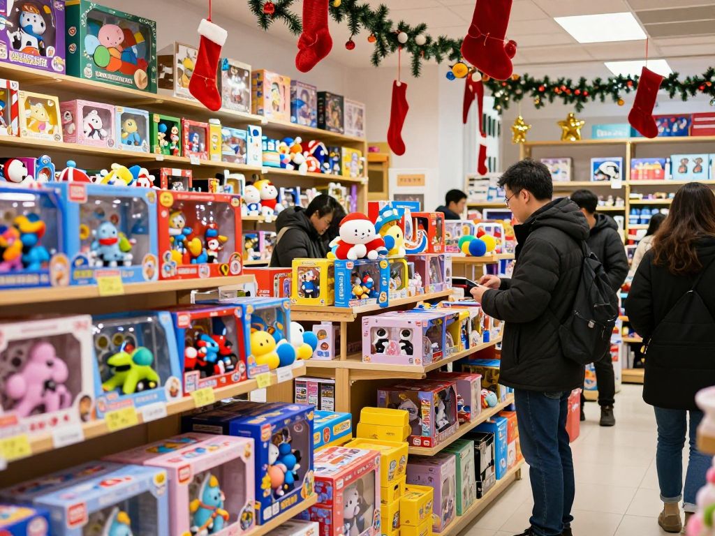 Inside view of a toy store decorated for the holidays.