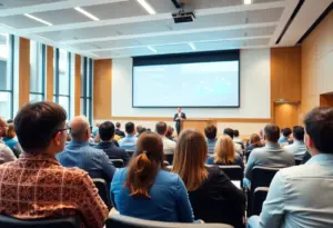 Attendees engaging in a seminar at the University of Arizona discussing cancer treatment innovations.