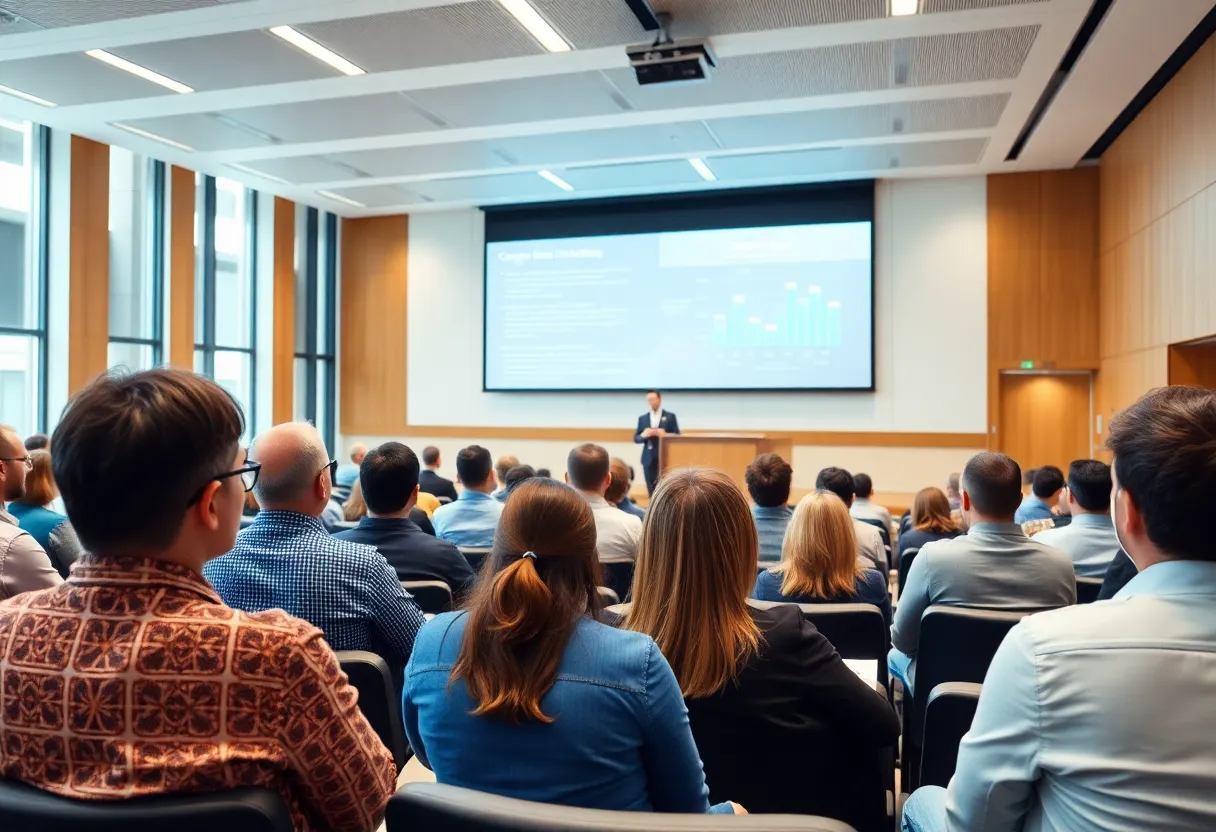 Attendees engaging in a seminar at the University of Arizona discussing cancer treatment innovations.