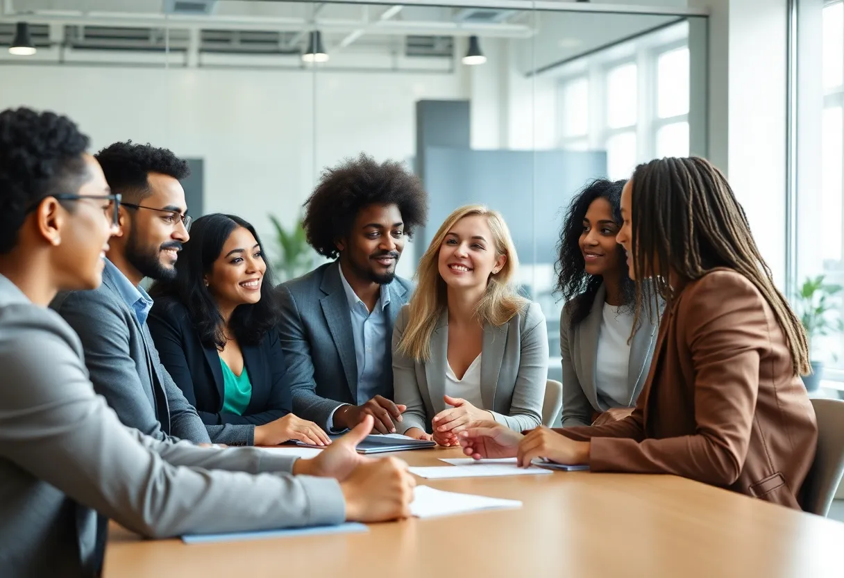 Diverse team displaying servant leadership in a meeting.