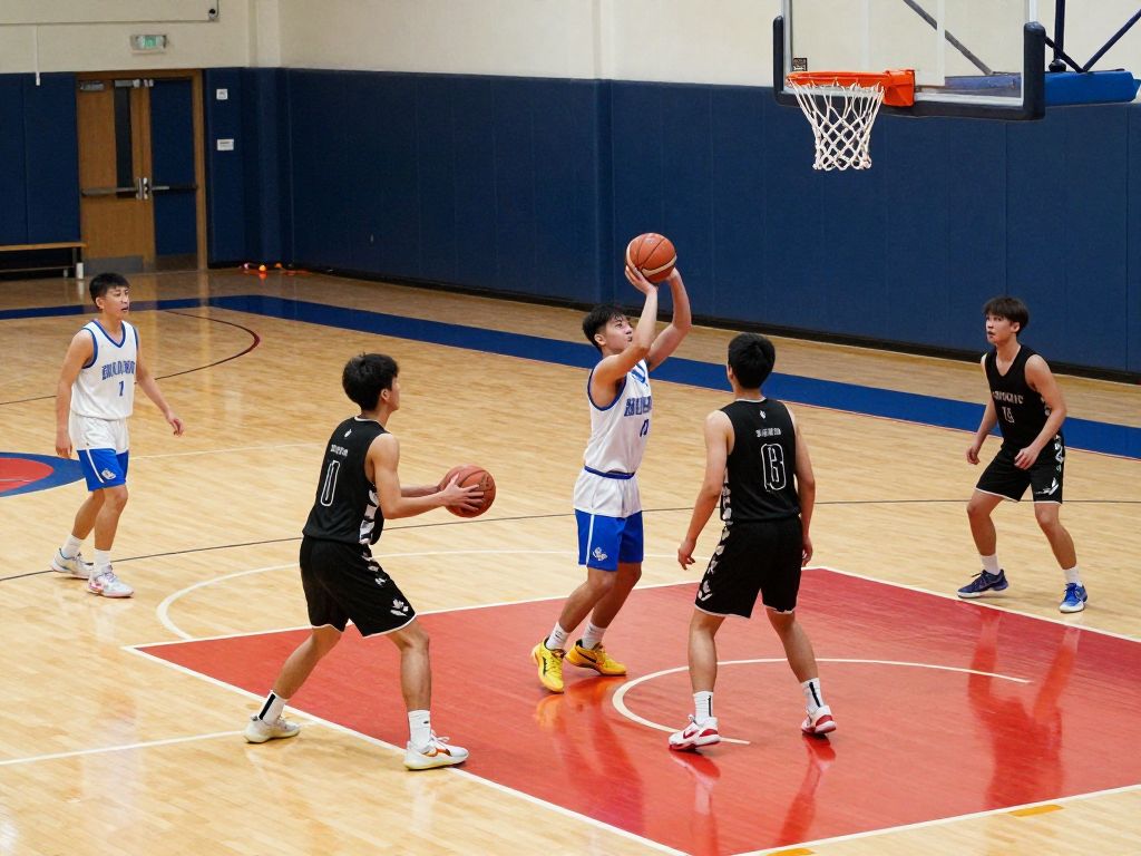 Girls high school basketball team practicing on the court