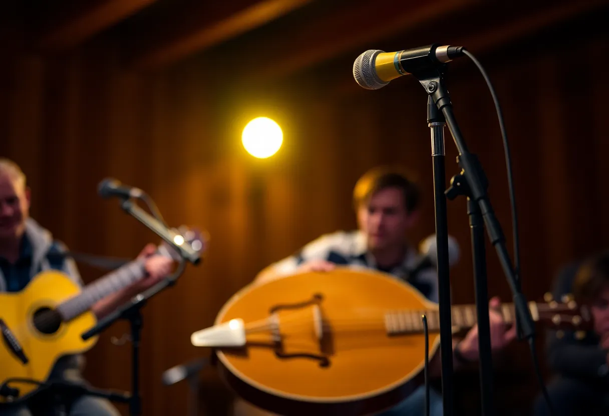 Stage setup for Sierra Hull's concert with mandolin and microphone