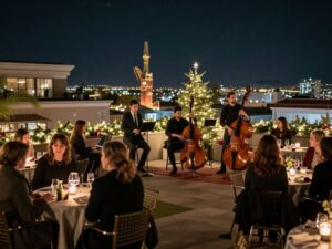Guests enjoying a festive evening at A Very Sinatra Christmas rooftop event in Phoenix