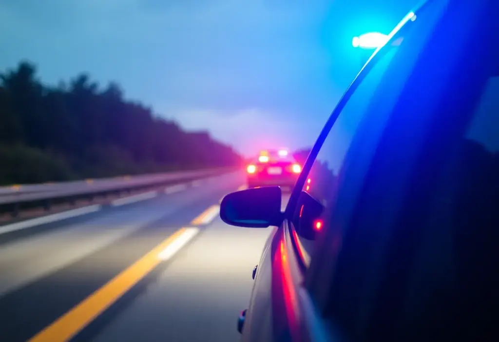 Police lights on a highway with a speeding car