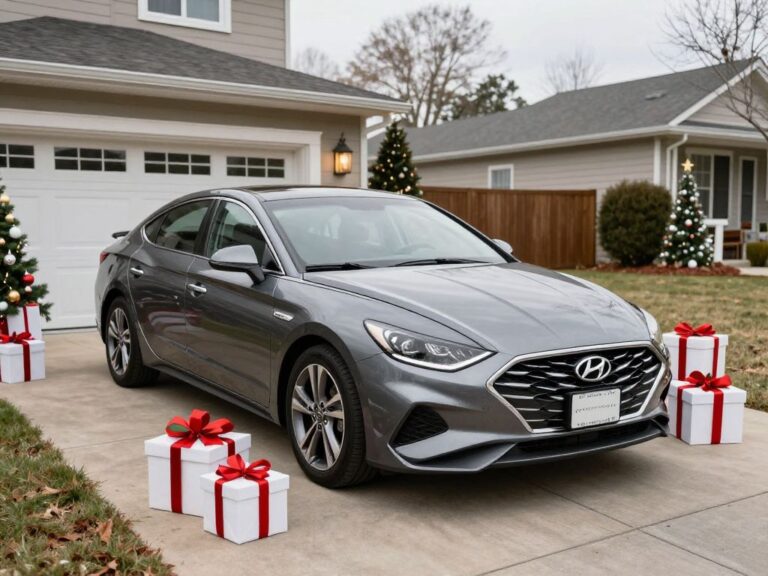 Gray Hyundai Sonata in driveway with holiday decorations