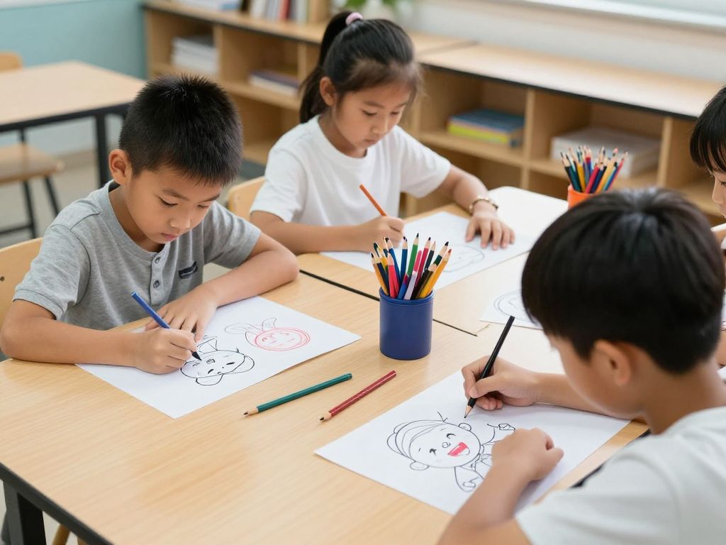 Students drawing cartoons in a lively classroom