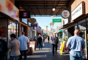 A street view of small businesses in Tempe with customers visible.