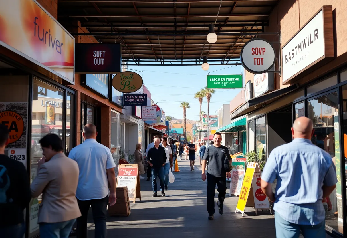 A street view of small businesses in Tempe with customers visible.