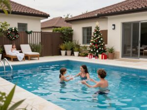 Safe and secure family swimming pool with holiday decorations