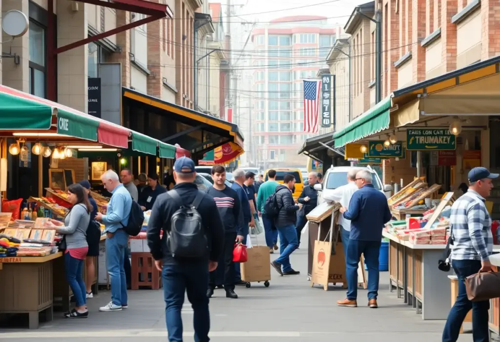 Public marketplace with safety signage for online transactions