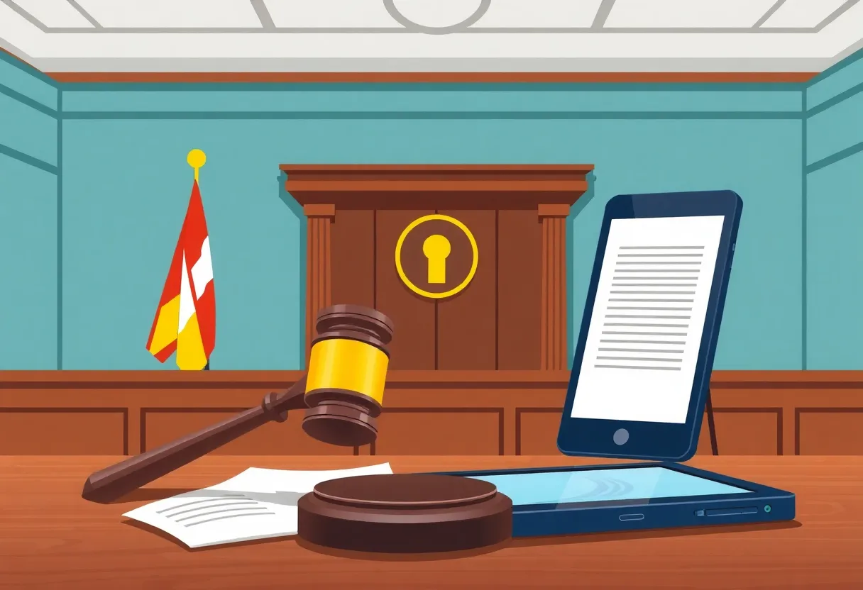 Illustration depicting a courtroom scene with a gavel and digital device representing the Temu lawsuit.