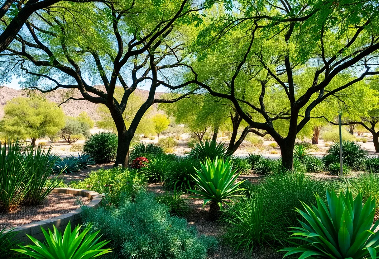 A vibrant shade garden showcasing native plants and trees in Phoenix, AZ