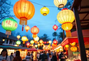 Colorful lanterns and festival-goers at the Tianyu Lights Festival in Phoenix