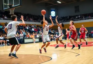 High school basketball players competing during Tonopah Valley and Valley Lutheran game
