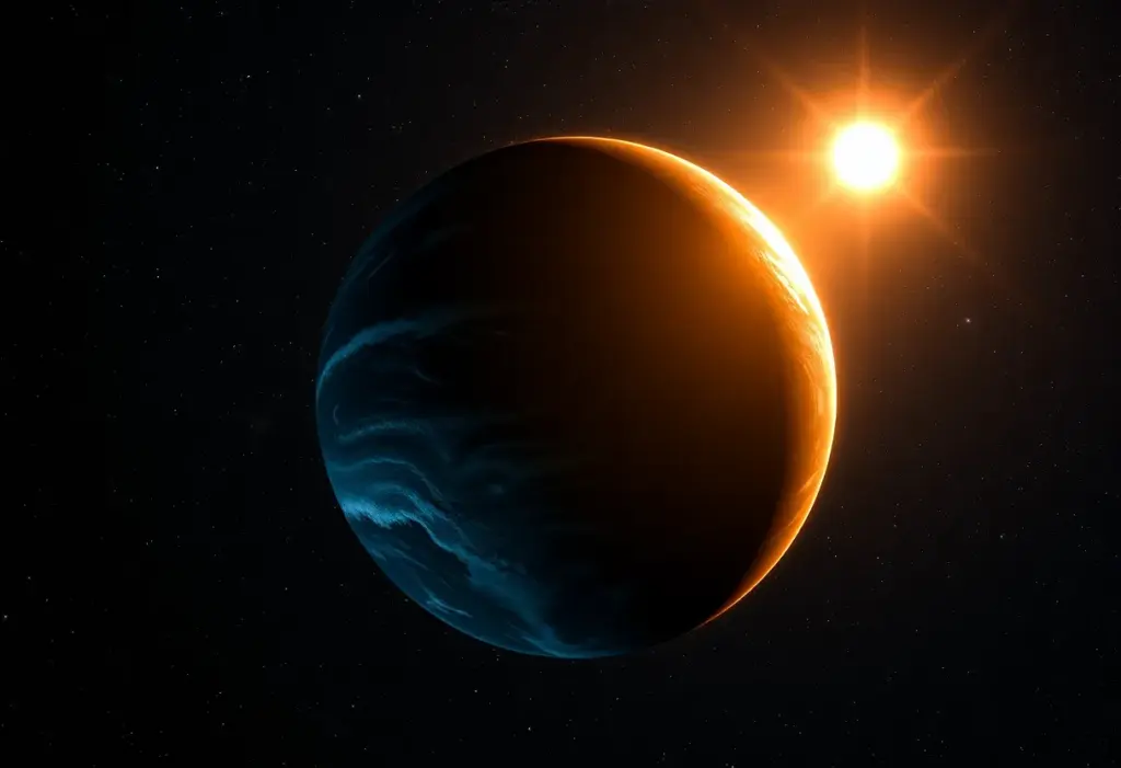 Artistic rendering of TRAPPIST-1e exoplanet showing its potential ocean-like surface.