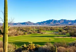 A beautiful golf course in Tucson, Arizona with vibrant greens and desert backdrop