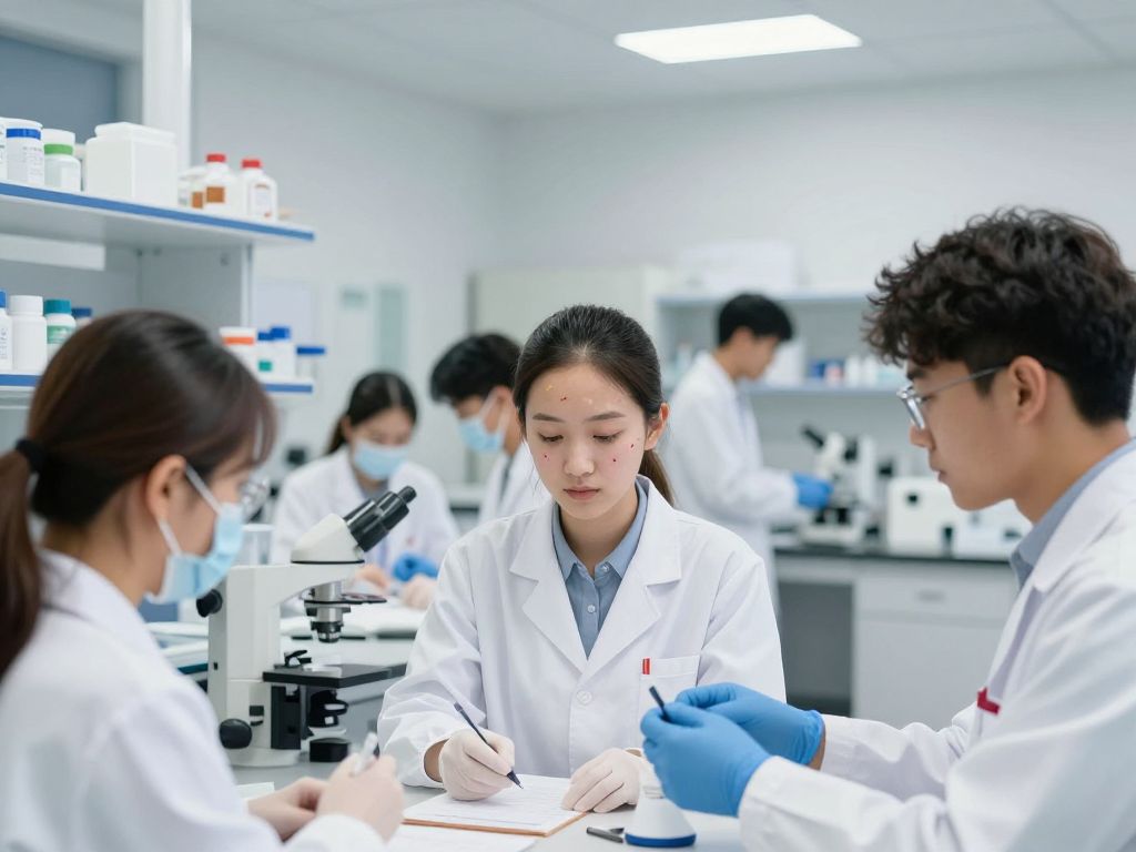 Students engaged in skin cancer research in a lab